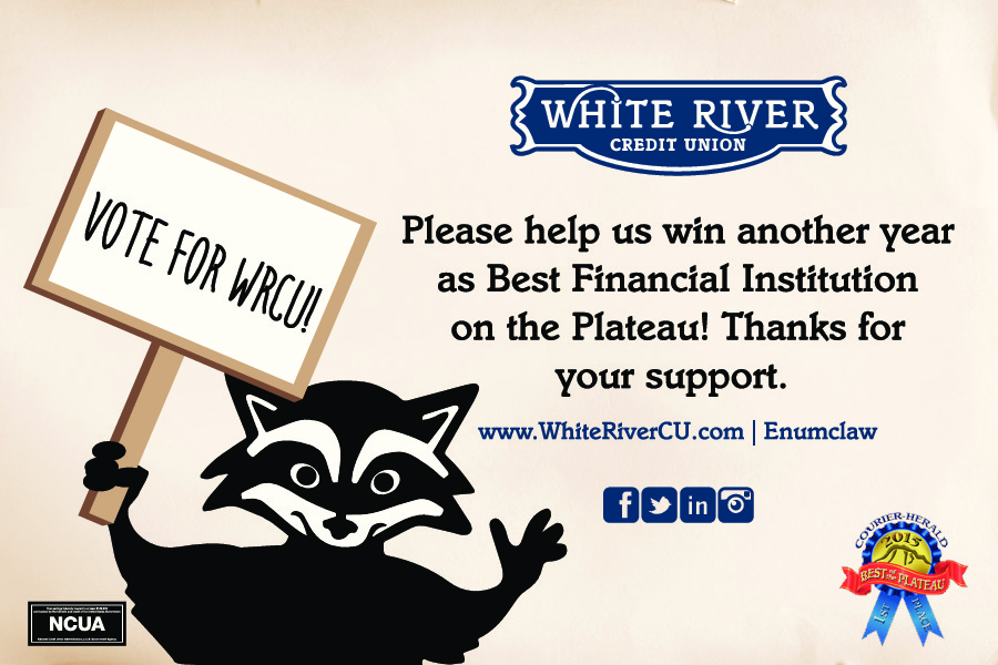 raccoon mascot holding up sign to tell you to vote for WRCU for best financial institution on the Plateau