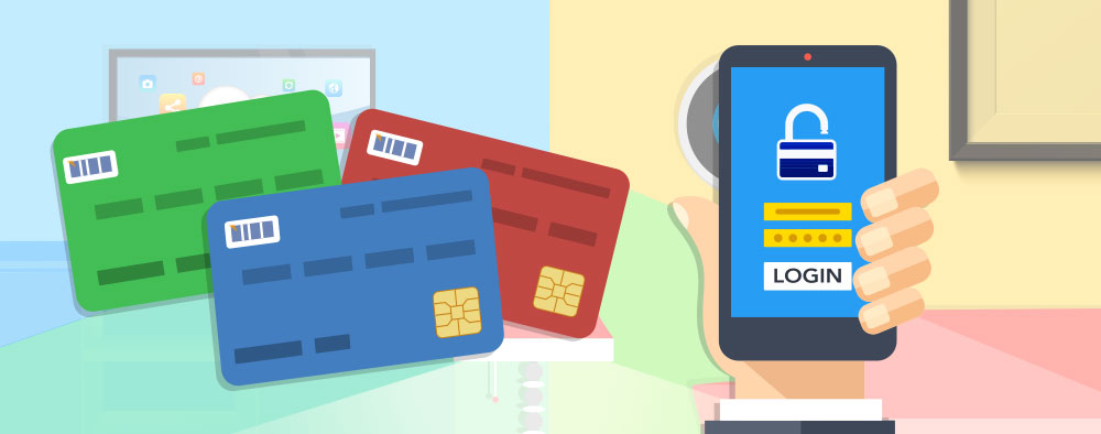Cartoon picture of credit and debit cards and person holding cell phone