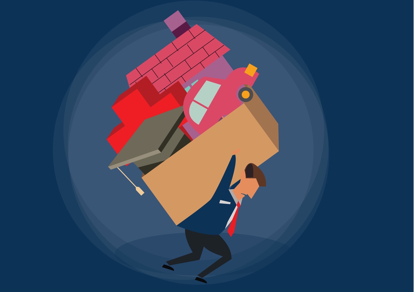 cartoon man carrying the weight of his loans