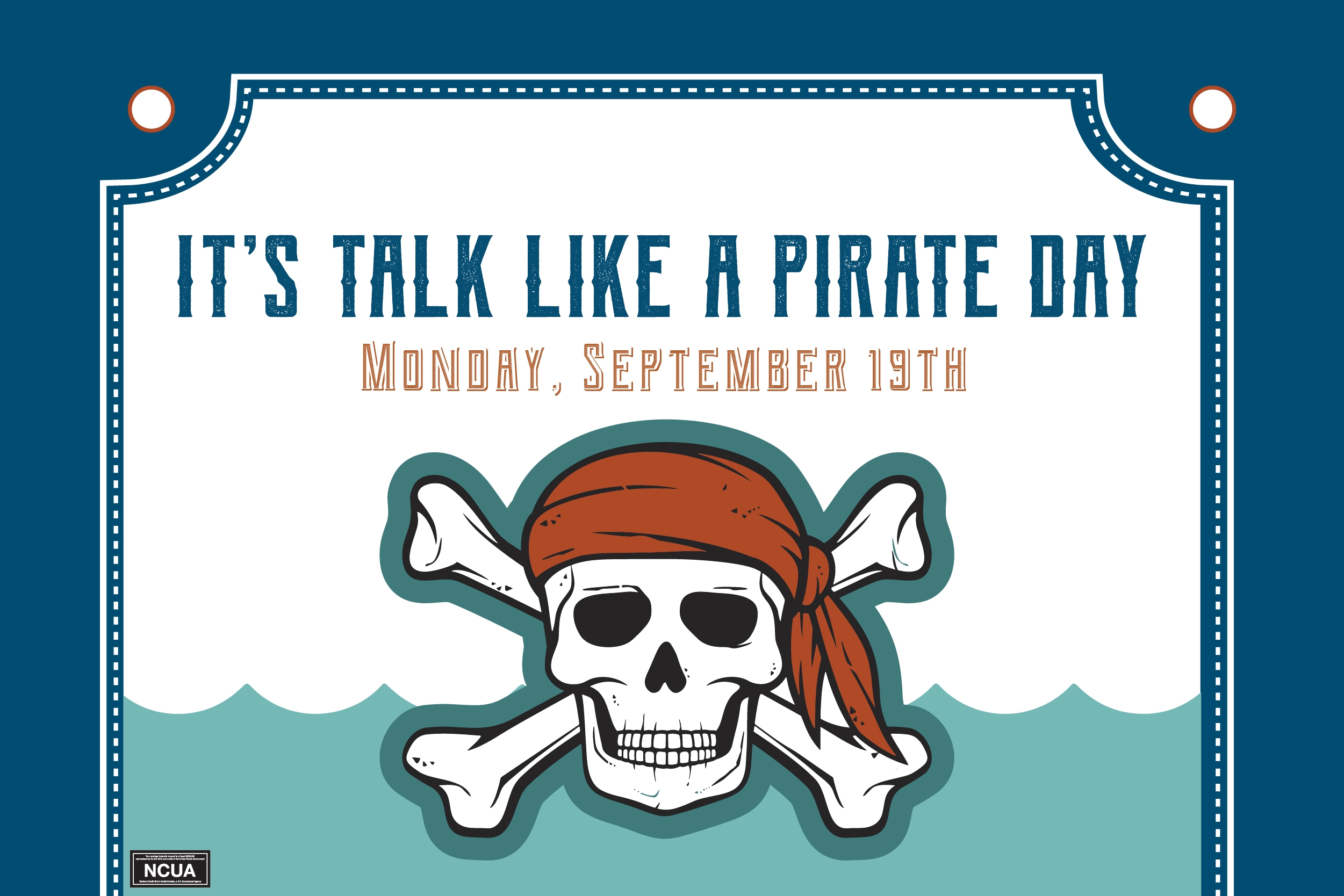 A skull and cross bones with the text "it's talk like a pirate day, monday, september 19th"